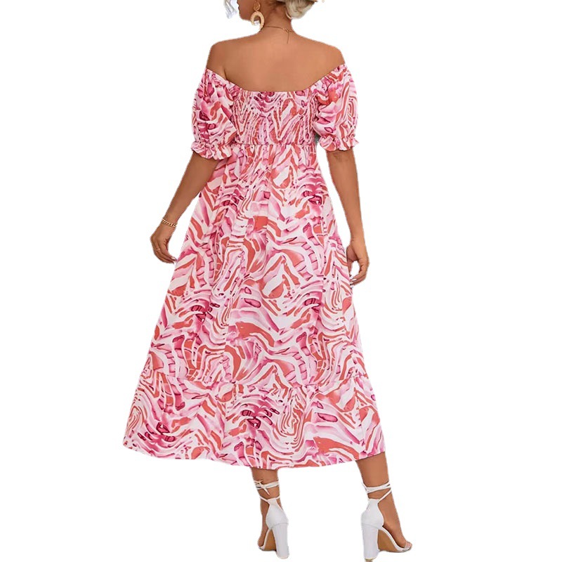 Summer New Sweet Style Strapless Off Shoulder Printed Short Sleeve Elastic Waist Mid Length Floral Dress