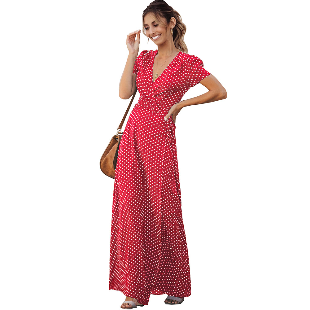Womens Summer Dress Polka Dot Deep V Neck Short Sleeve Flared Hem Casual or Party Wear Wholesale Available