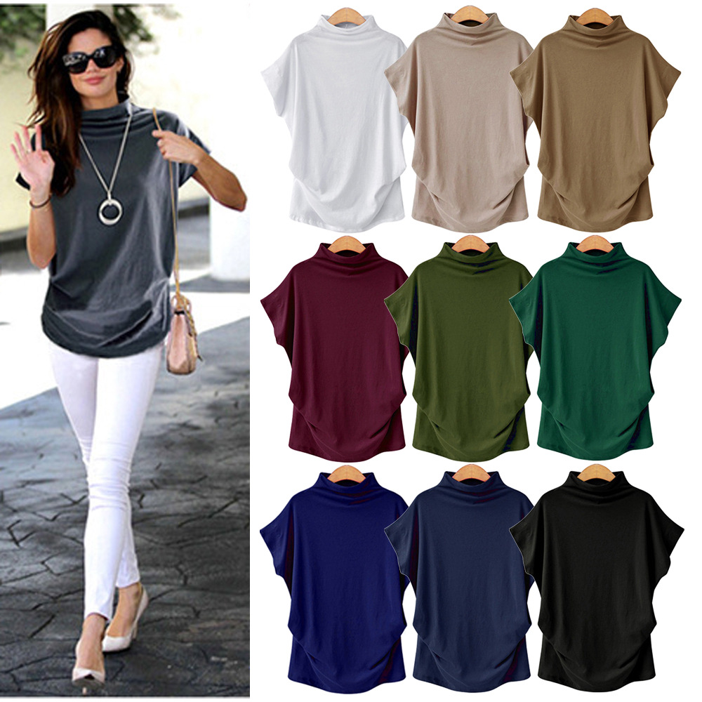 Plus Size Womens High Neck Top Batwing Sleeve Short Sleeve Comfortable Fabric Casual Wear Wholesale Available
