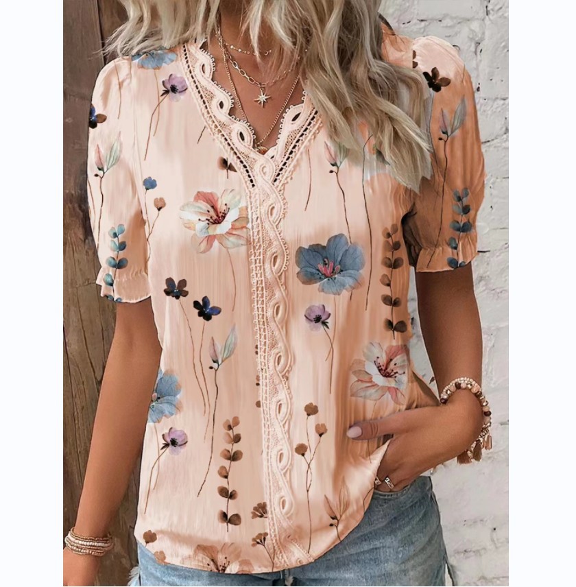 Womens Vintage Floral Lace V Neck T Shirt Comfortable Slim Fit Short Sleeve Summer Casual Wear Ready to Ship