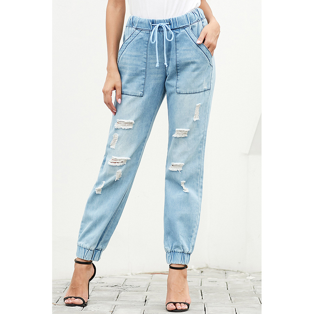 High Waisted Loose Fit Womens Jeans Drawstring Waist Slimming Ripped Design Casual Wear for Everyday Use Wholesale