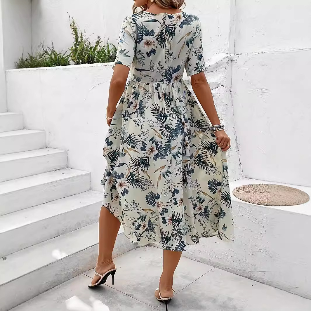 Elegant Summer Floral Print Waist Defined Long Dress Slim Fit Comfortable Fabric Versatile Style Wholesale Available