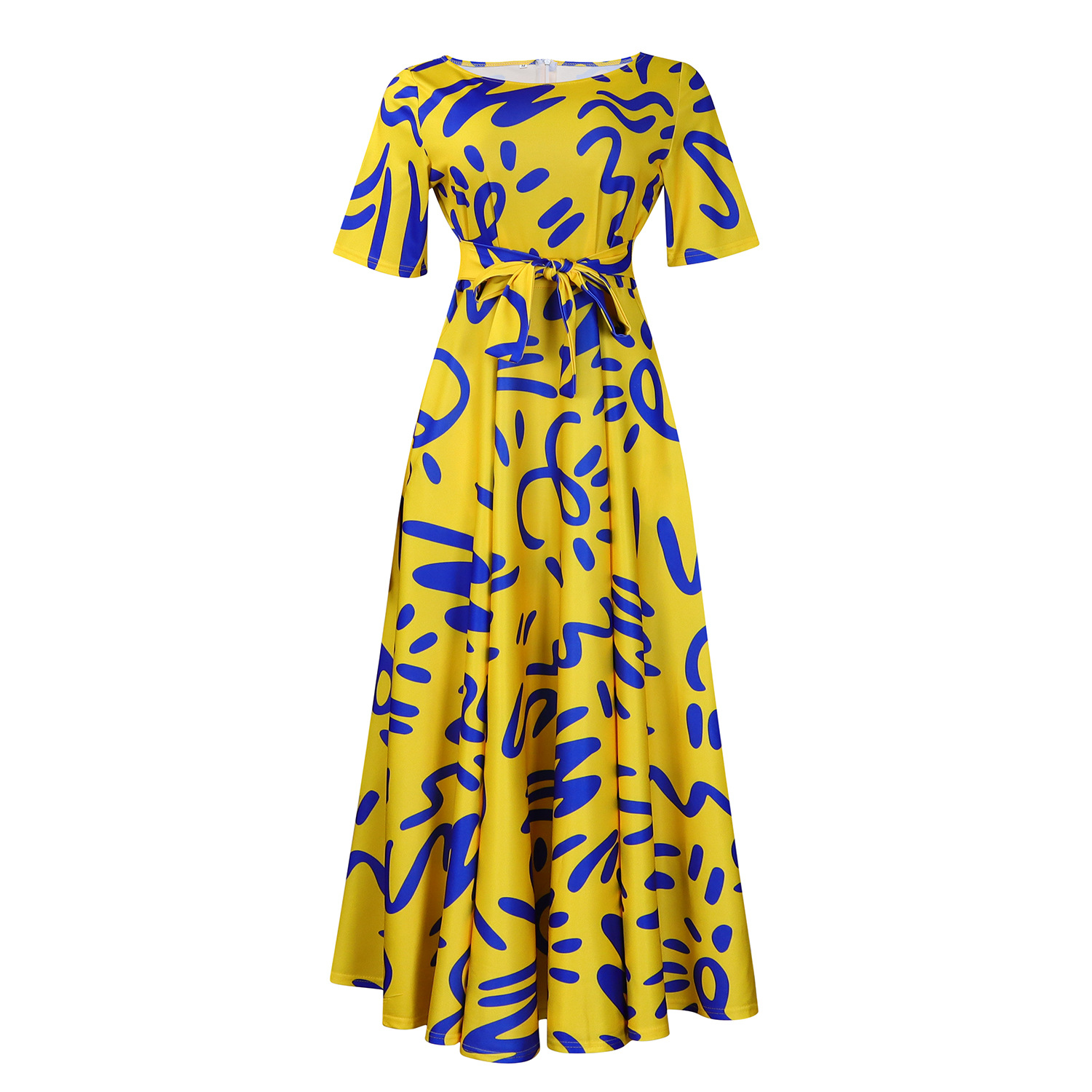 Fashionable Women's Short Sleeve Dress with African Print, Elegant Tie Design, Flared Hem, Ideal for Cross Border Trade