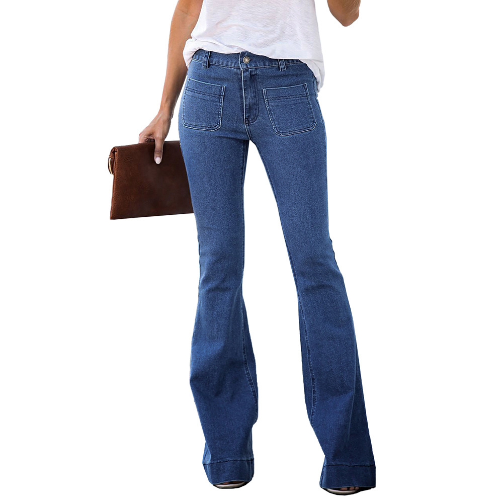 High Waisted Loose Flare Jeans for Women Blue Stretch Fabric European Style Autumn Winter Collection Wholesale