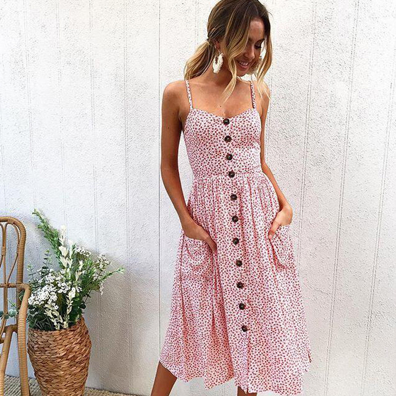 Sunflower Pineapple Print Button Back Sexy Slip Dress 36 Colors 6 Sizes Lightweight Fabric Summer Casual Wear