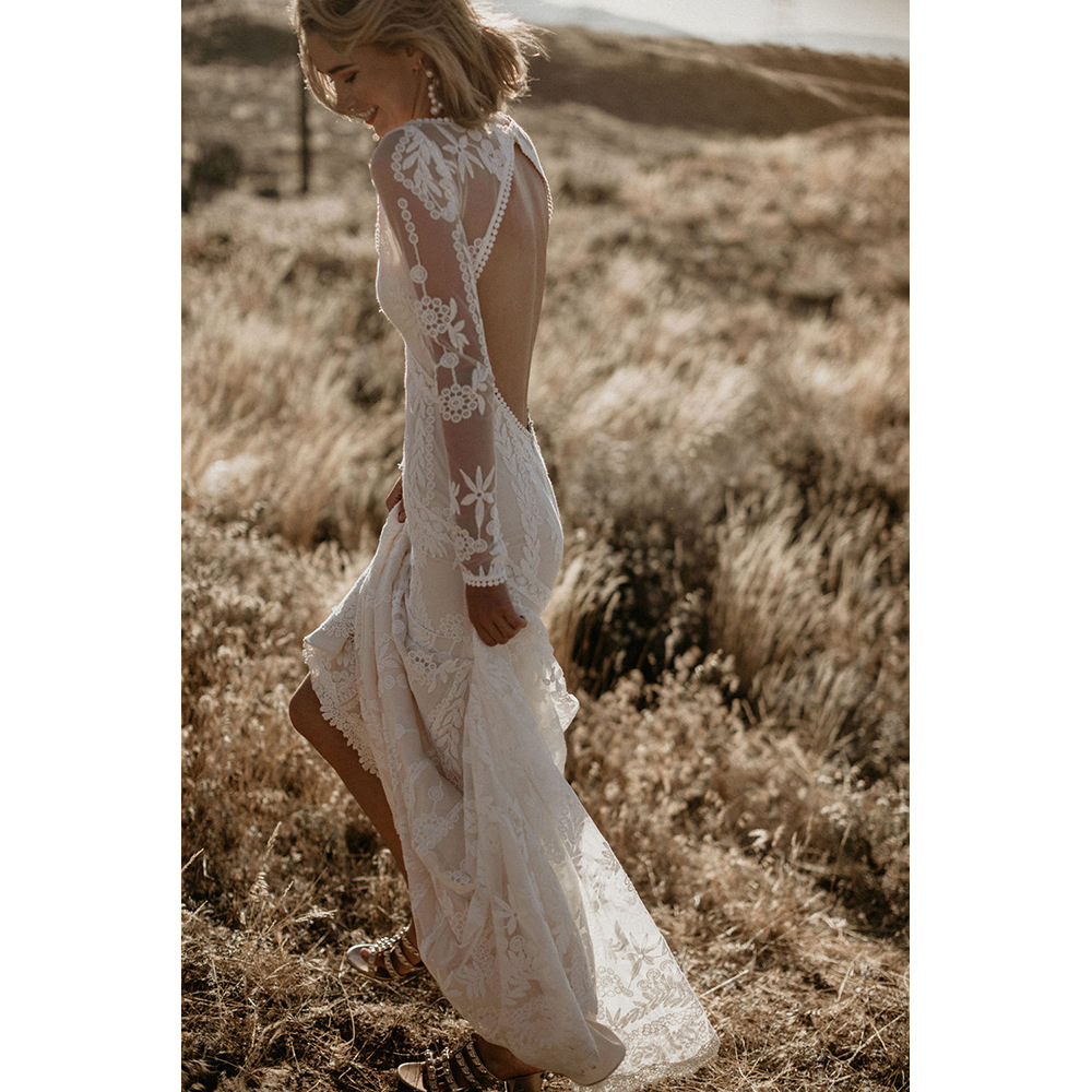 Lace Wedding Dress Long Sleeve Backless Floor Length Elegant Design Perfect for Autumn and Winter Events