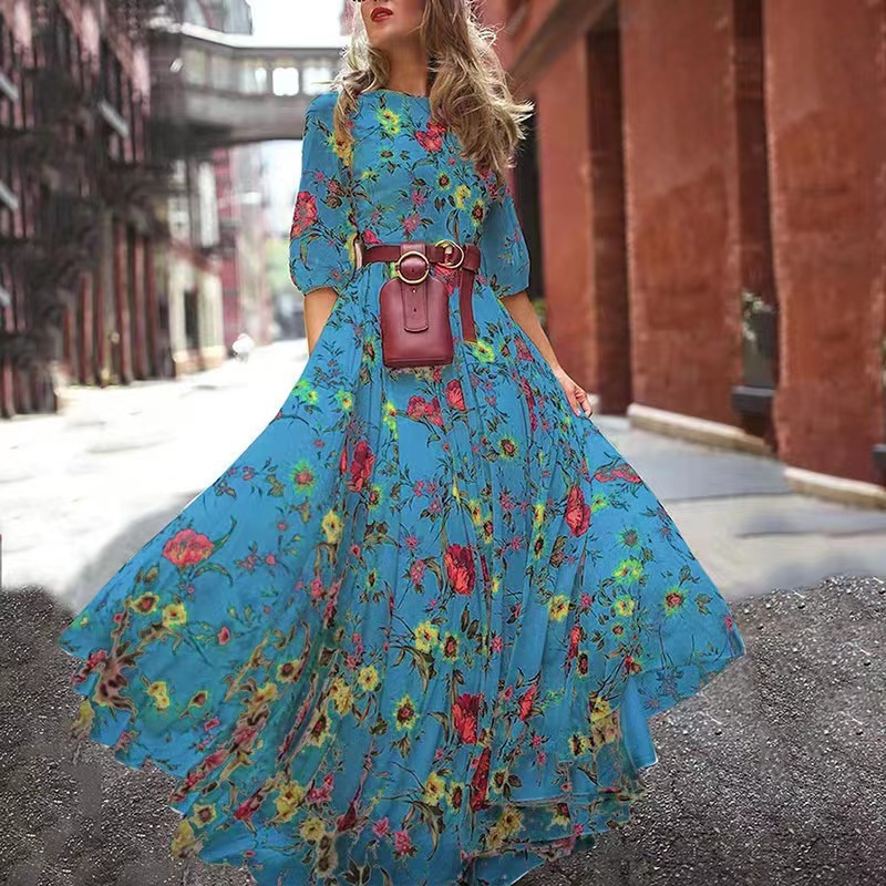 Printed Long Dress European and American Foreign Trade French Commuter Style Vintage Flared Round Neck Floral Dress