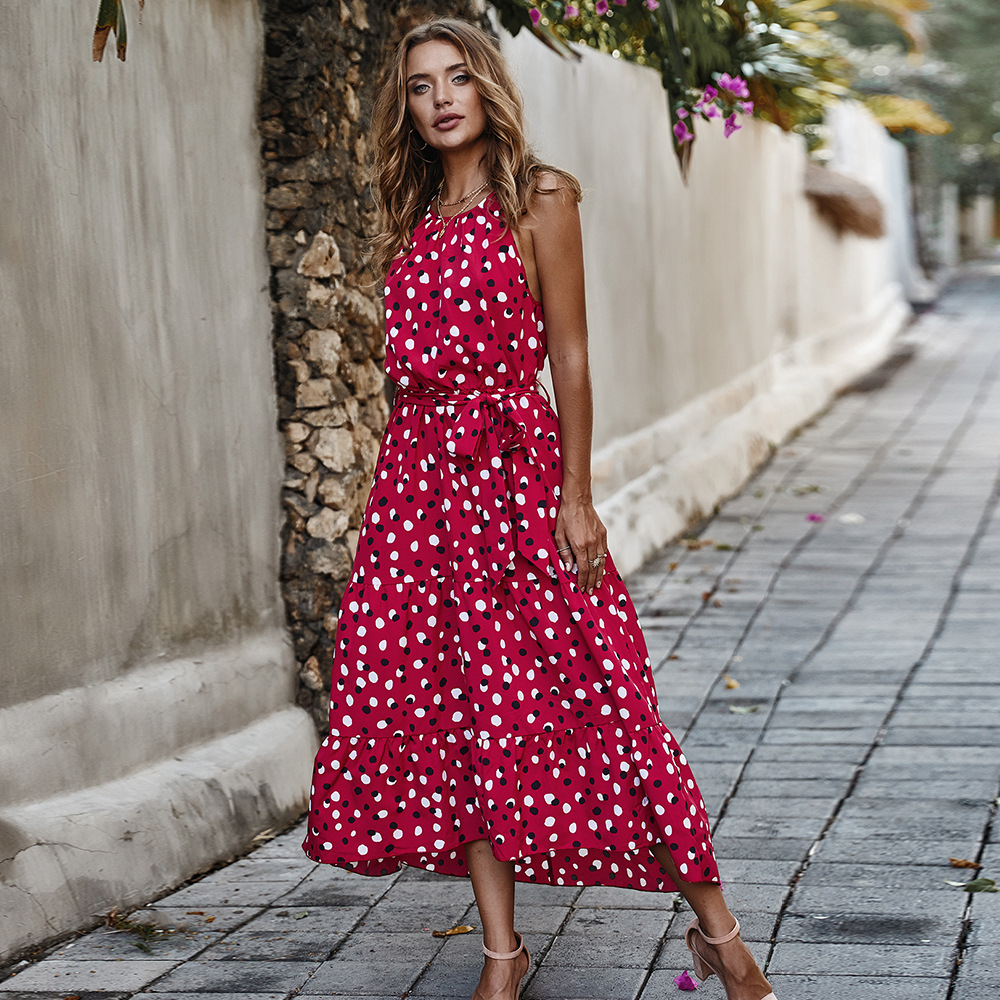 Polka Dot Maxi Dress Summer Vacation Style Flowy Silhouette Comfortable Fabric Wholesale Available