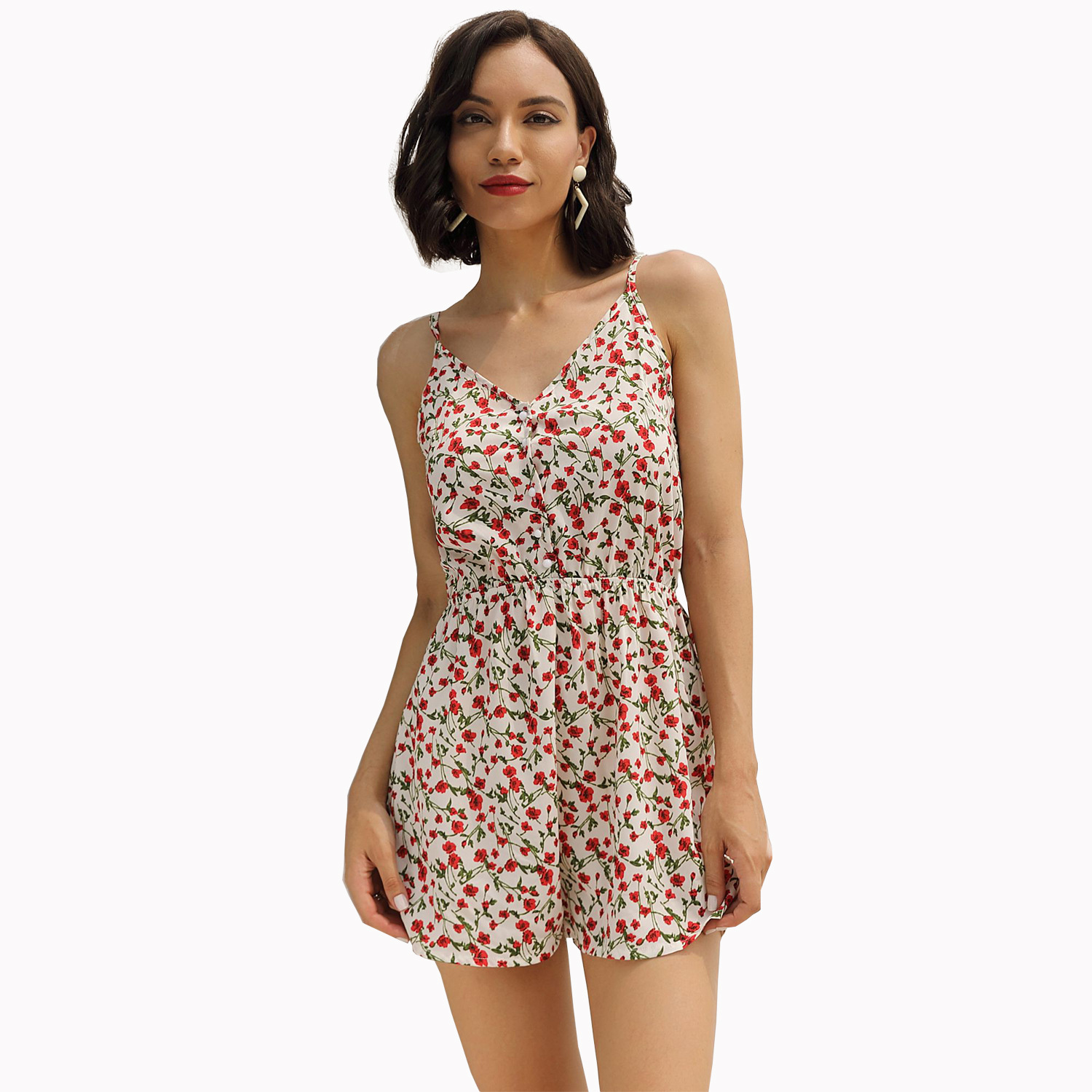 Womens Floral Print Button Down Jumpsuit Casual Sleeveless Design Comfortable Fabric Perfect for Vacation Wholesale
