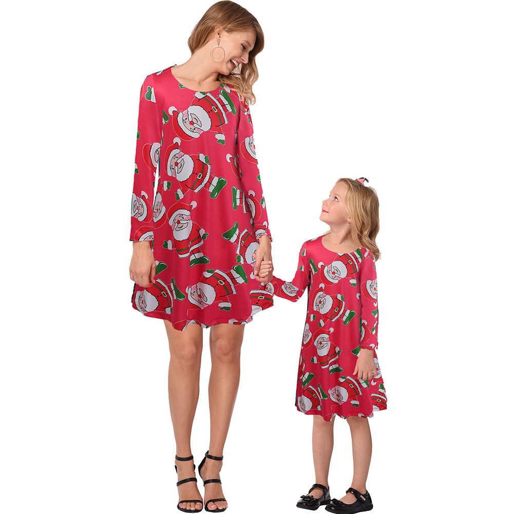 Christmas Family Matching Dresses Long Sleeve Printed Comfortable Fabric Festive Holiday Wear Wholesale Available