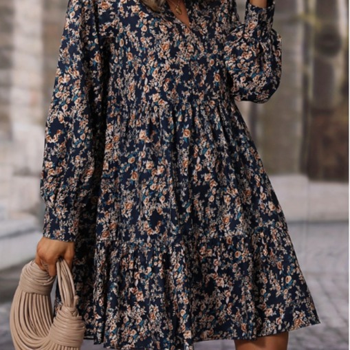 Floral Print V Neck Long Sleeve Dress Elegant Simple Design Lantern Sleeve Spring Summer Fashion Wholesale Available