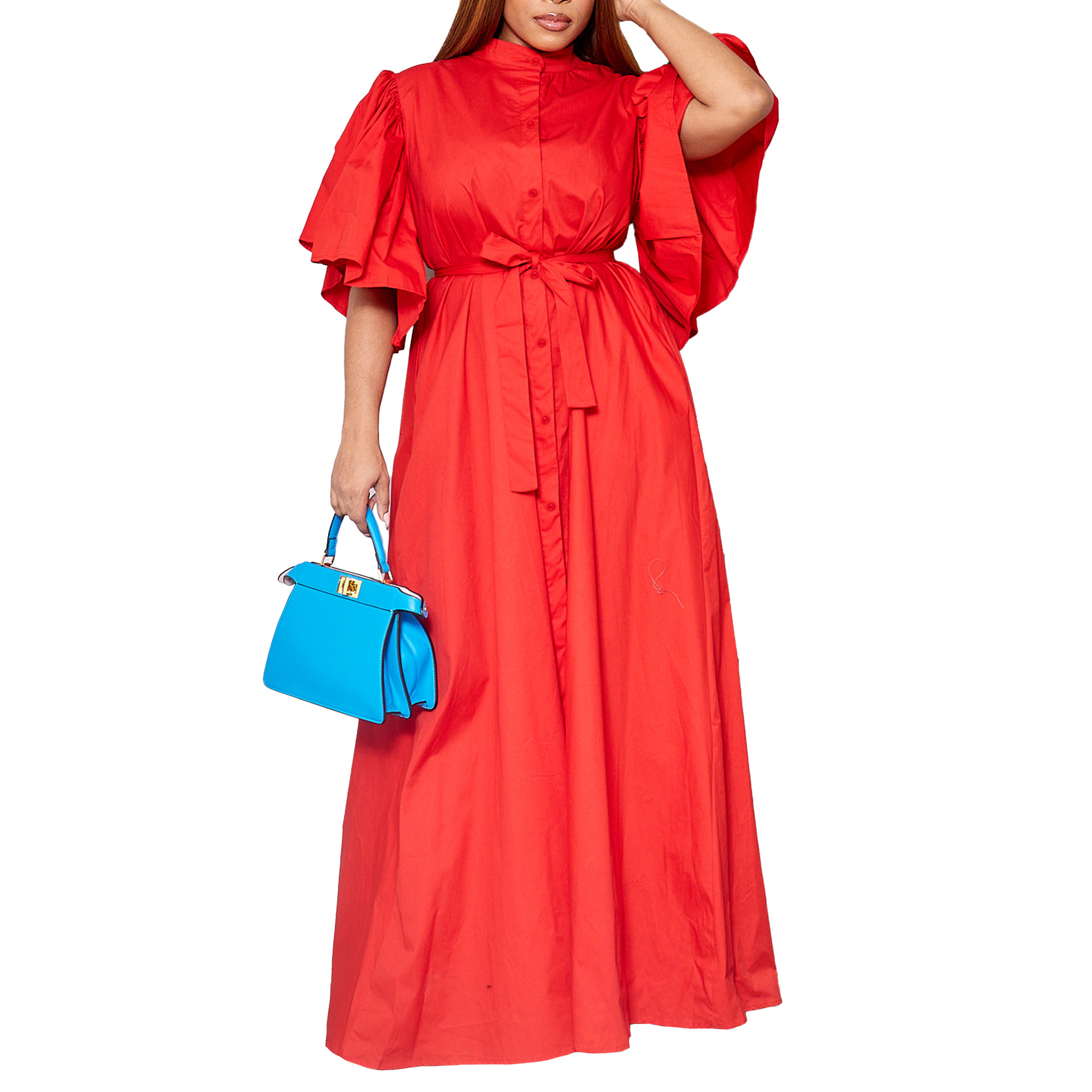 Summer Fashion Loose Long Dress with Belt, Single Breasted Design, Flared Sleeves, Casual Style for Women, Wholesale Clothing