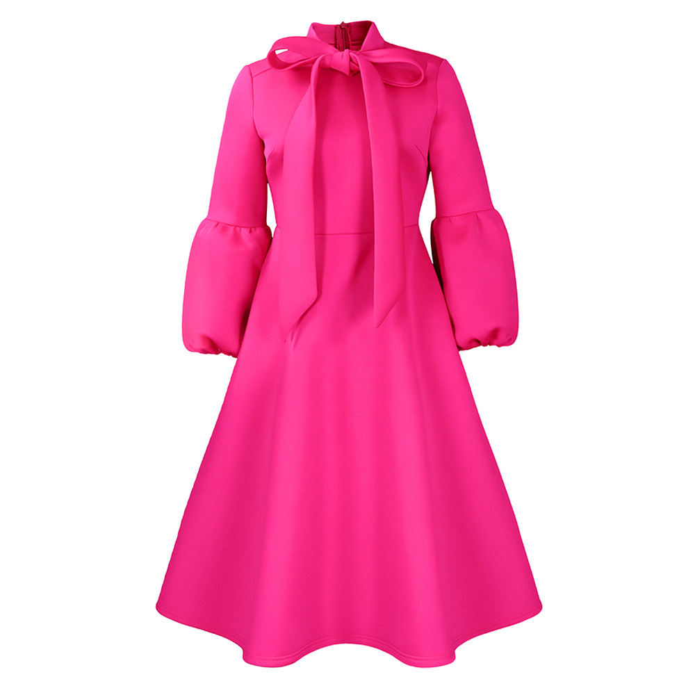 Plus Size Fashion Dress — High Waist, Lantern Sleeves, Bow Tie, Flowy Design — Spring Style — Wholesale Supply Terms