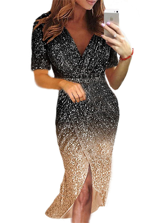 Womens Evening Gown Short Sleeve Gradient Color Sequin Detail Formal Events Parties Wholesale Available