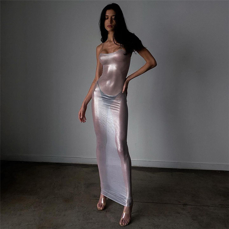 European and American Women's Fashion New Spring and Summer Nightclub Sexy Sheer Silver Slim Strap Dress