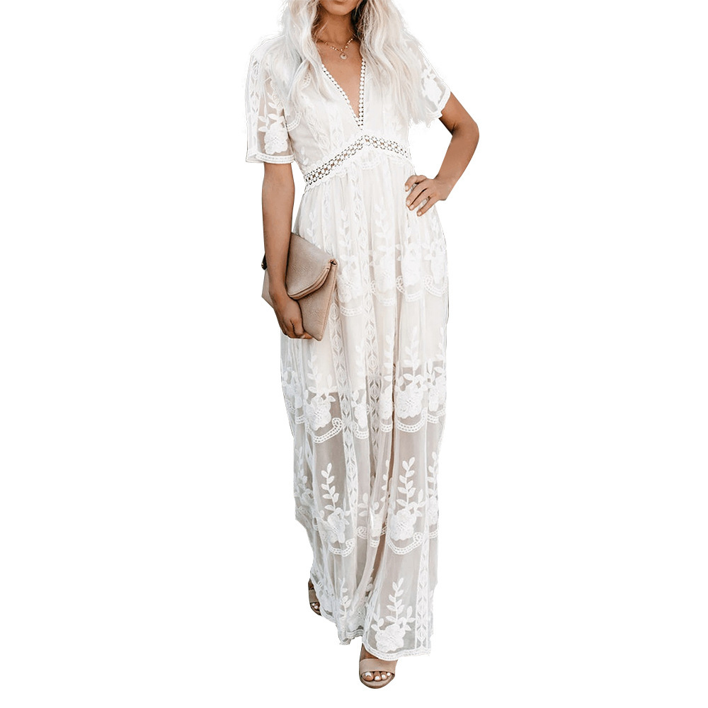 Lace Maxi Dress Embroidered V Neck Solid Color Summer Vacation Style Available in 6 Colors Wholesale