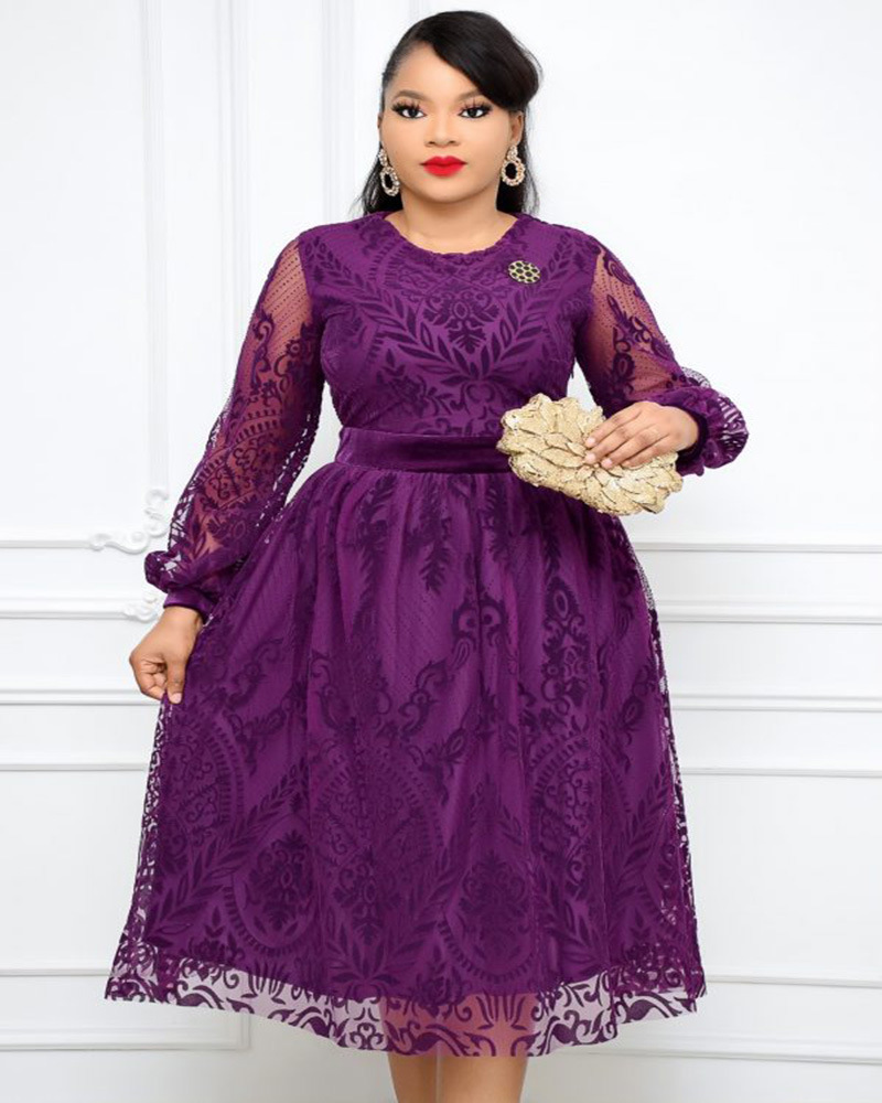 Velvet Floral Print Dress Elegant Round Neck Lantern Sleeves Flared Skirt Perfect for Parties and Special Occasions