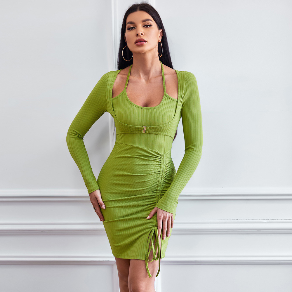 Cross border European and American Women's Two piece Style Ruched Slim Hip Skirt Knitted Long Sleeve Mini Dress
