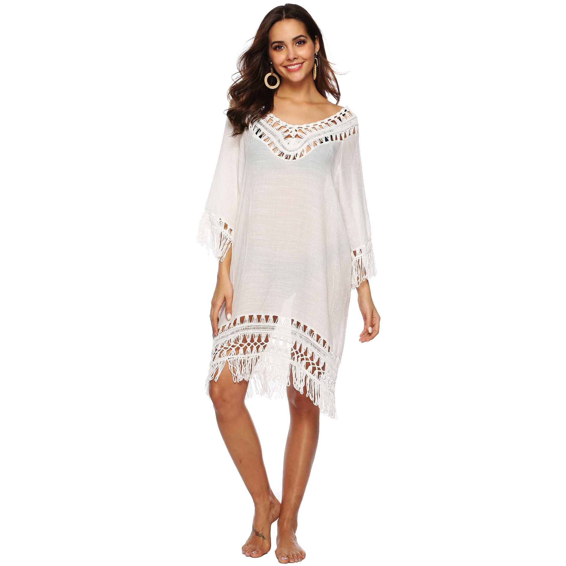 Deep V Hollow Out 3 4 Sleeve Fringe Patchwork Irregular Beach Cover Up Dress Lightweight Stylish Summer Essential