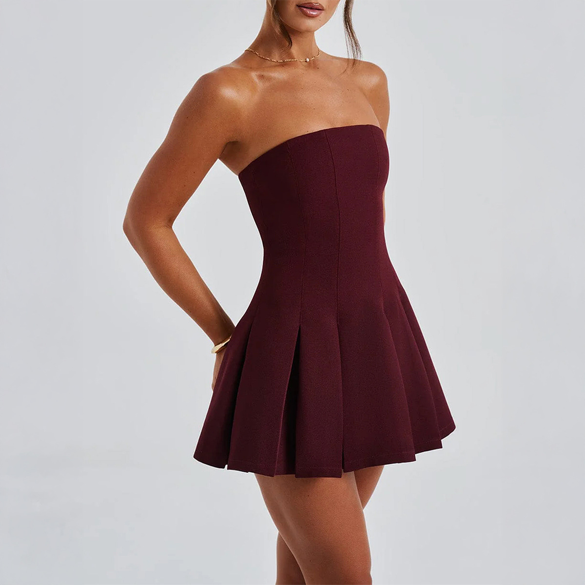 Elegant European and American Strapless Pleated Short Dress for Women Spring Summer
