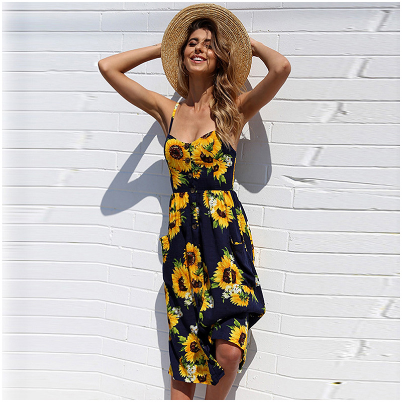 Bohemian Printed Midi Dress Summer Style Backless Design Adjustable Straps Perfect for Casual Outings Wholesale