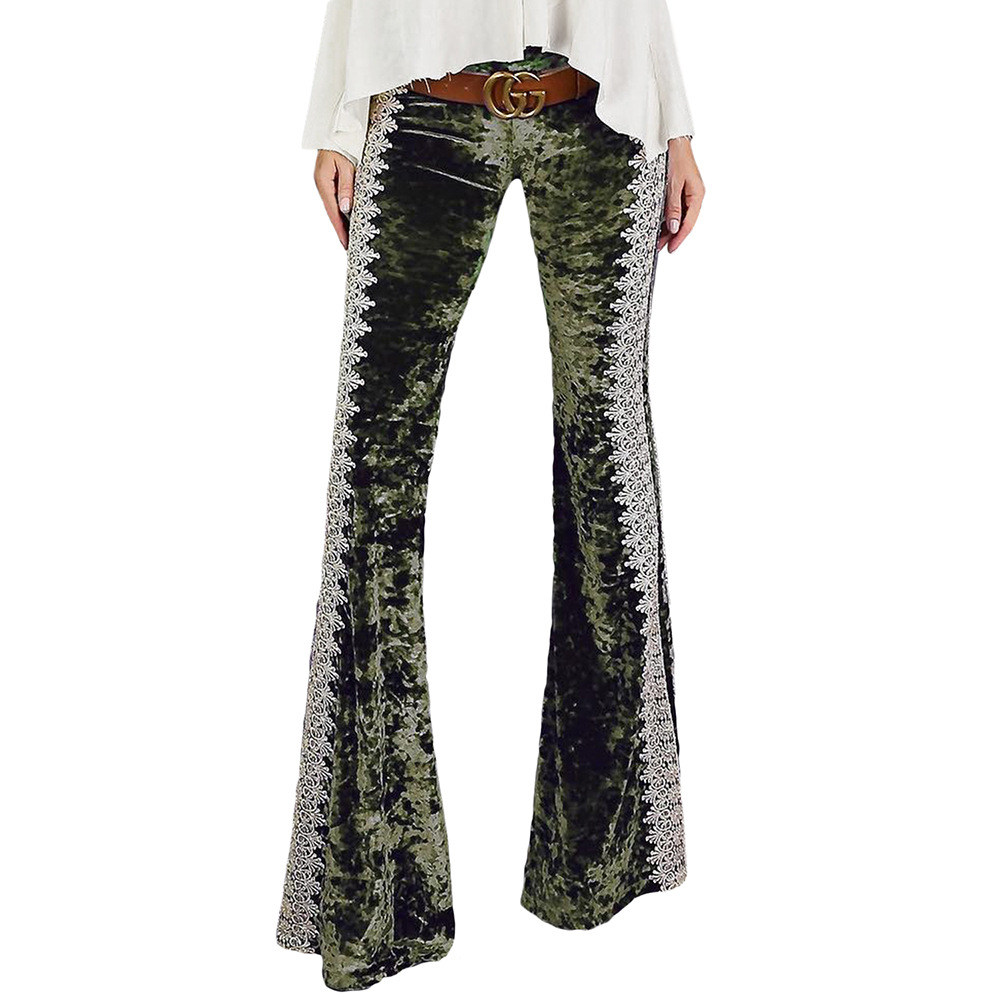 High Waisted Wide Leg Pants Velvet Fabric Crochet Lace Trim Loose Fit Casual Wear for Fall and Winter Wholesale