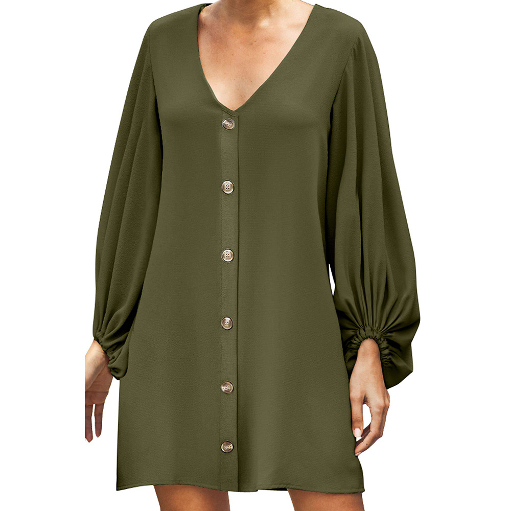 Womens Mini Dress Versatile Solid Color Sexy V Neck Lantern Sleeves Loose Fit Autumn Fashion Wholesale Available