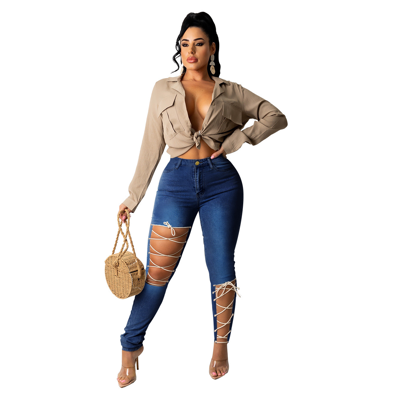 Fashionable Womens Denim Pants Creative Tie Design High Waist Casual Style Perfect for Autumn and Winter Wholesale