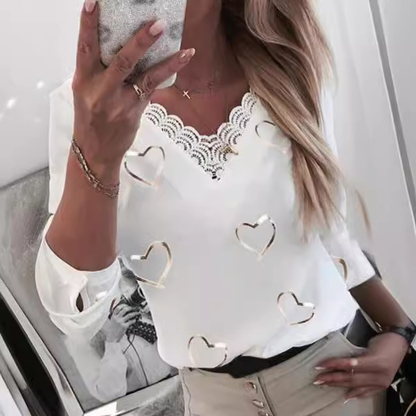 Heart Print V Neck Long Sleeve T Shirt for Women Summer Collection Casual Wear Ready to Ship Wholesale Available