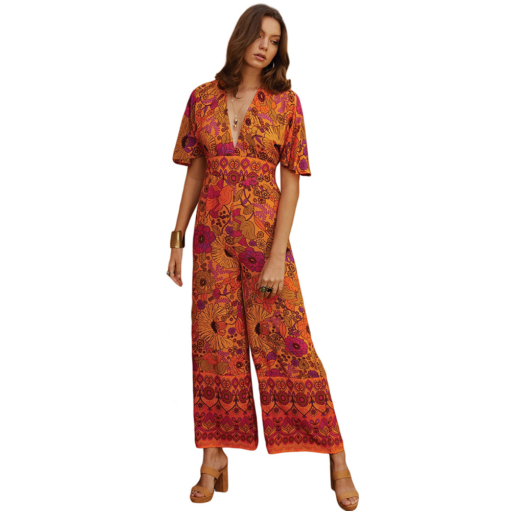 Vintage Floral Jumpsuit for Women V Neck Short Sleeve Loose Fit High Waist Wide Leg Summer Casual Wear