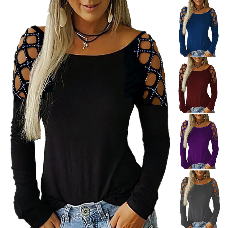 Long Sleeve T Shirt Round Neck Hollow Out Rhinestone Detail Autumn Winter Womens Fashion Wholesale Available