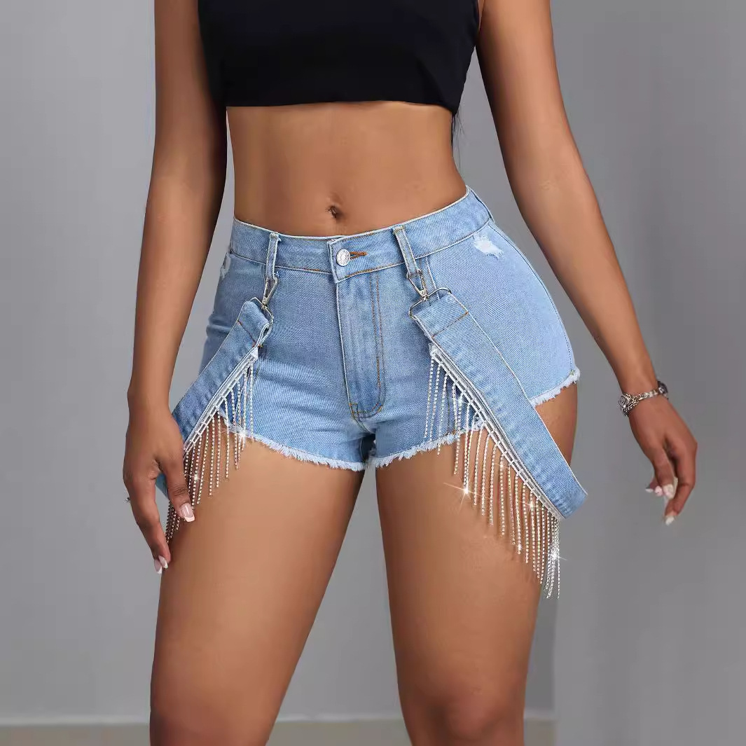 Fringe Hem Denim Shorts Slim Fit Tie Detail Casual Style Perfect for Summer Outings Wholesale Available