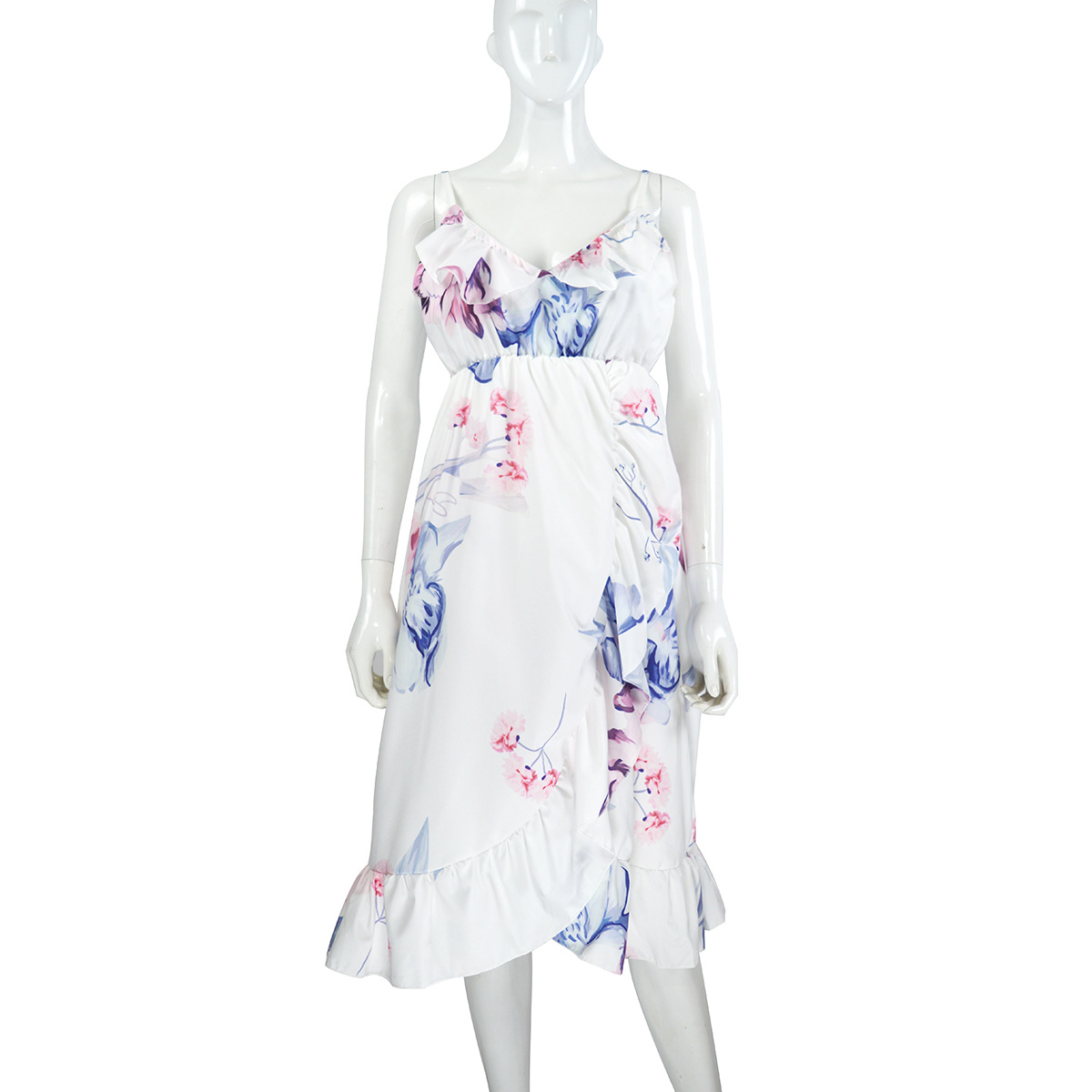 Floral Print Maternity Dress Deep V Neck Ruffled Hem Loose Fit Irregular Design Casual Wear for Expecting Mothers