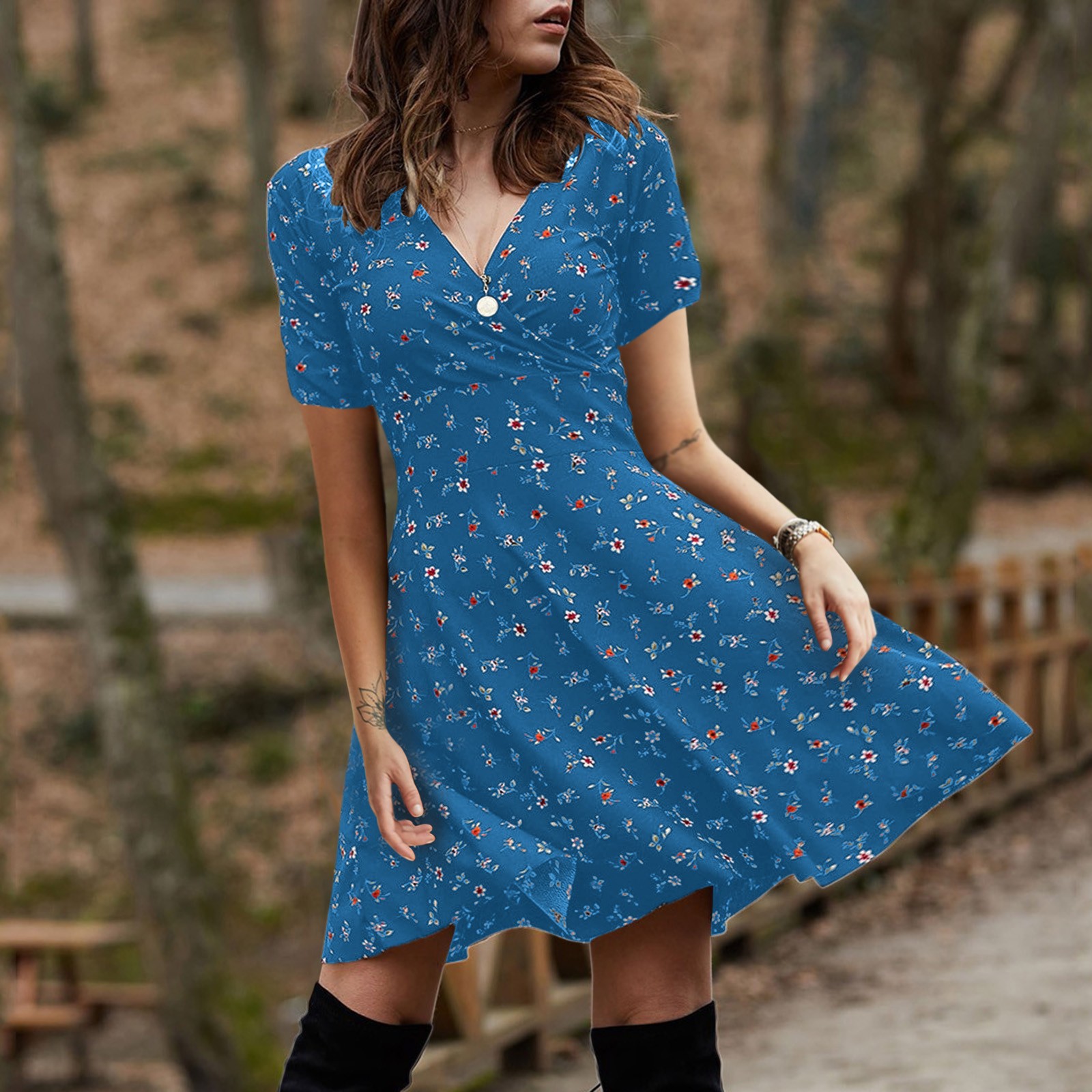 Womens Vintage Floral Maxi Dress Elegant V Neck Short Sleeve Flared Silhouette Casual Summer Wear Wholesale