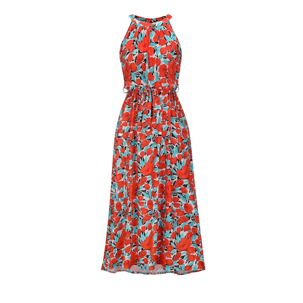 Womens Floral Print Maxi Dress Halter Neck Zipper Closure Lightweight Fabric Spring Summer Fashion Wholesale