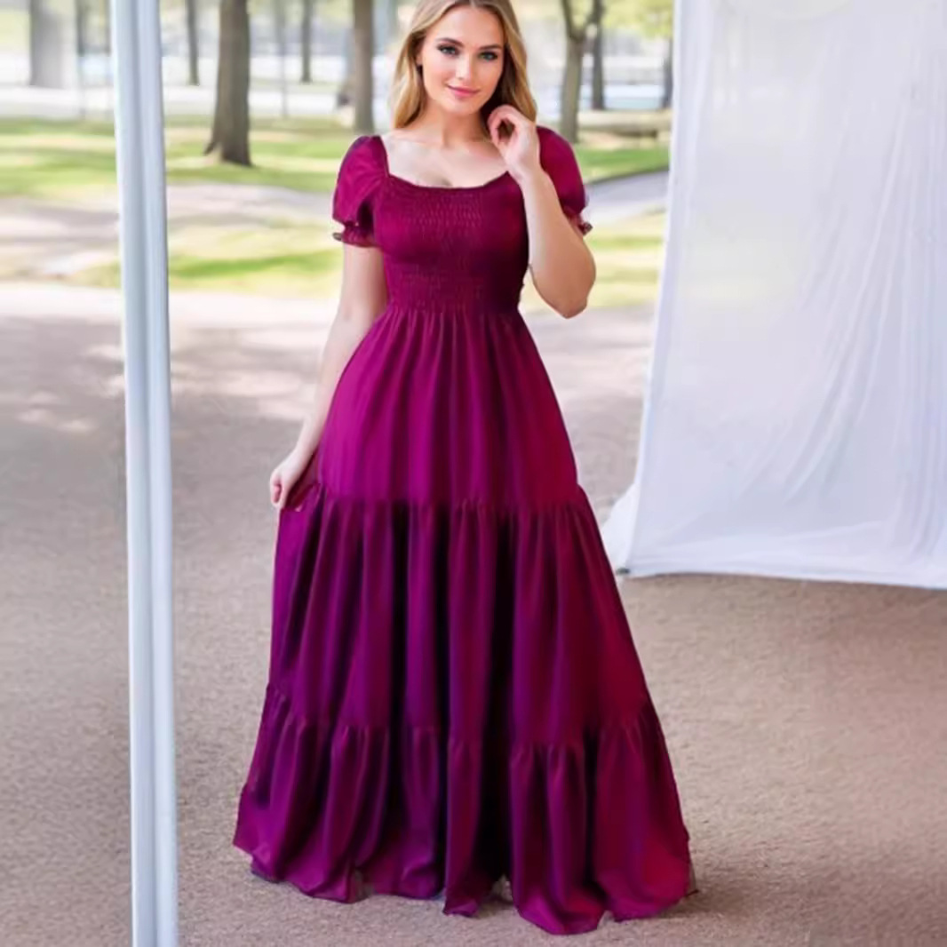European and American Cross border Hot Selling Commuter Solid Color Square Neck Spliced Long Skirt Dress
