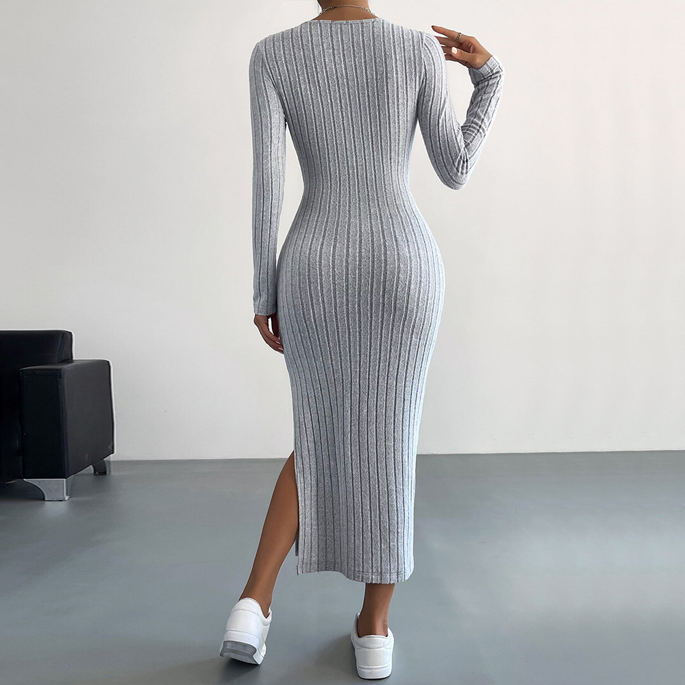 Cross border European and American Women's Commuter Simple Style Dress Autumn Winter Slim Fit Split Bodycon Midi Dress