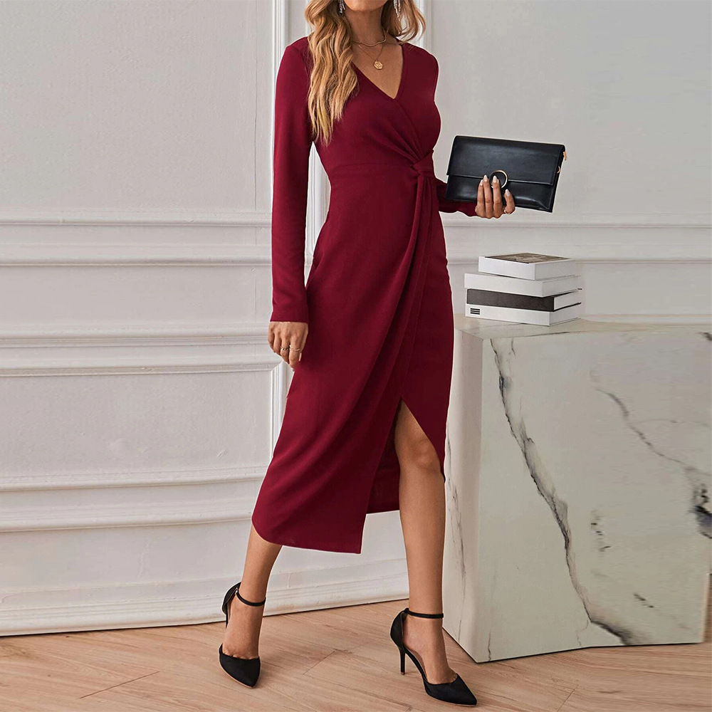 New V neck Elegant Mid length Dress with Slit and Long Sleeves