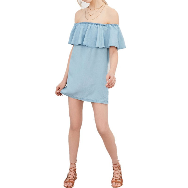 Off Shoulder Ruffle Denim Dress Bodycon Fit Sleeveless Sexy Style Perfect for Summer Parties Wholesale Available
