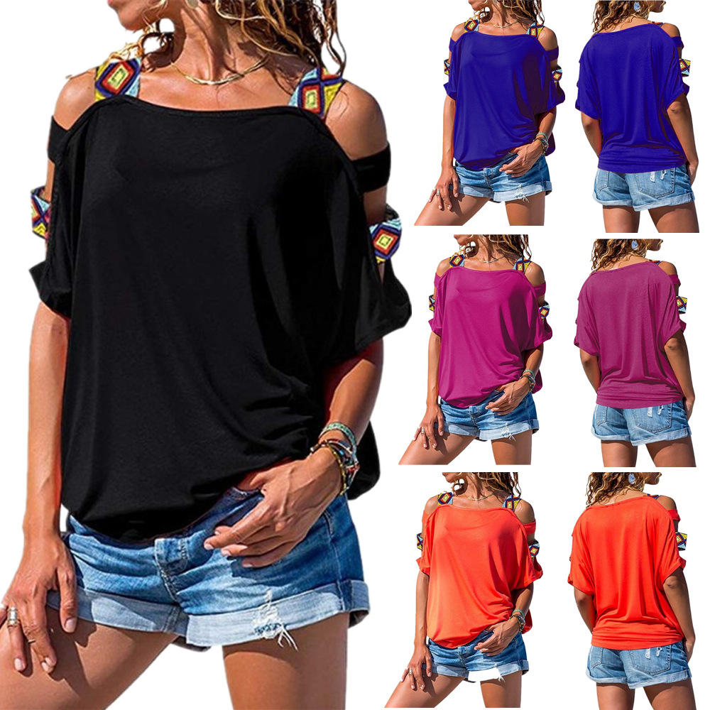 Womens Hollow Out Short Sleeve Off Shoulder T Shirt Solid Color Casual Style Lightweight Fabric Wholesale Available
