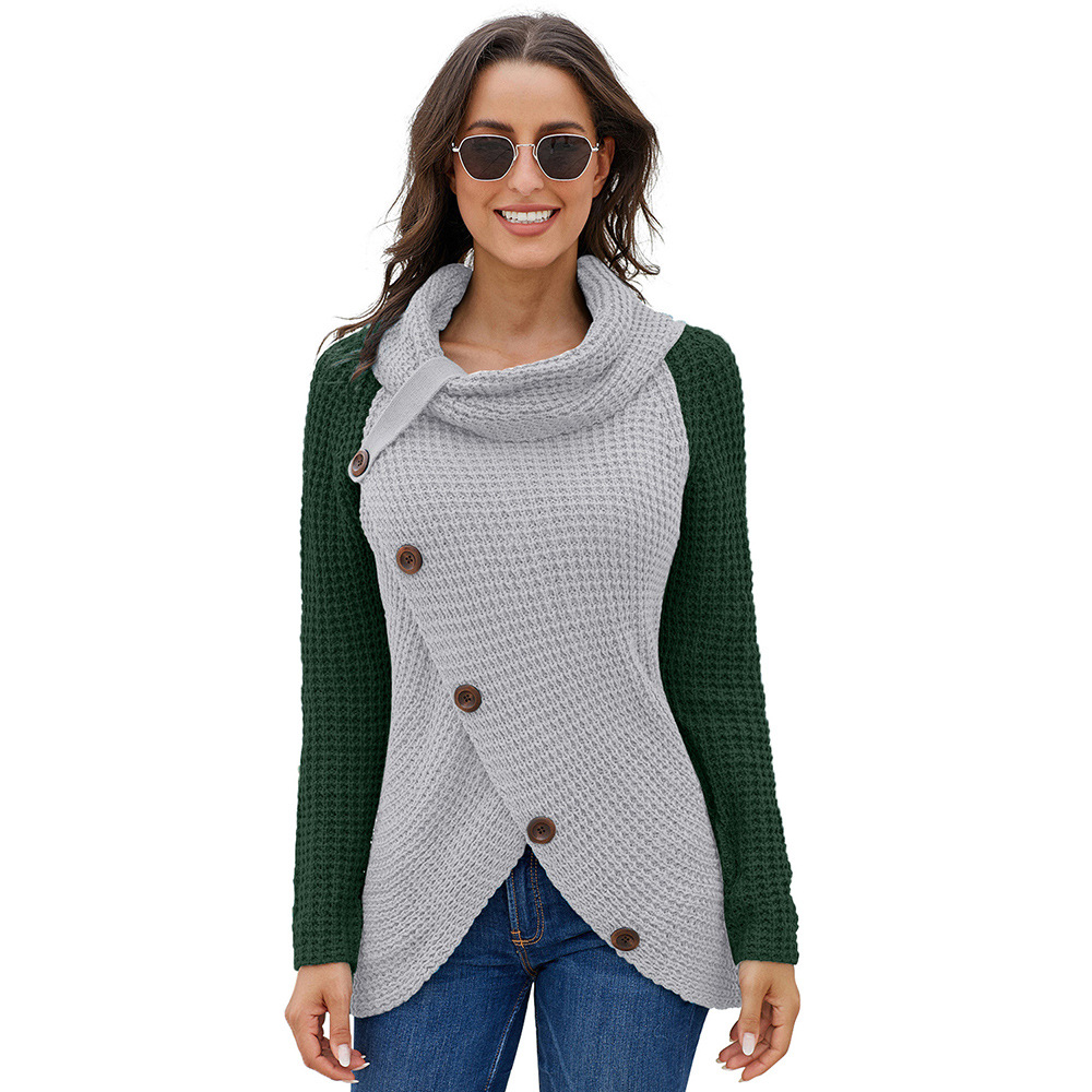 Womens Winter Sweater Color Block High Neck Button Detail Long Sleeve Asymmetrical Knit Casual Wear OEM