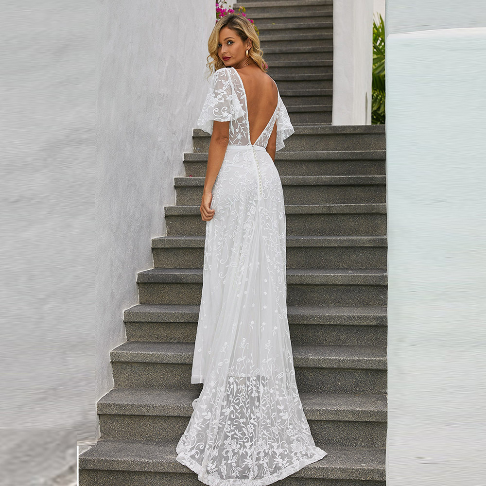 Long Sleeve Lace Embroidered Maxi Dress Solid Color Deep V Neck Backless Elegant Autumn Fashion for Special Occasions