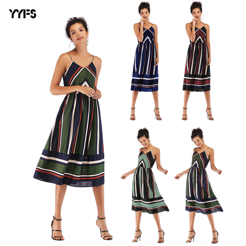 Womens Striped Color Block Chiffon Midi Dress V Neck Sleeveless Lightweight Fabric Spring Summer Fashion