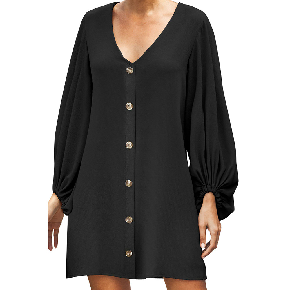 Solid Color Knee Length Dress European Style V Neck Long Sleeve Button Closure Autumn Fashion Wholesale Available