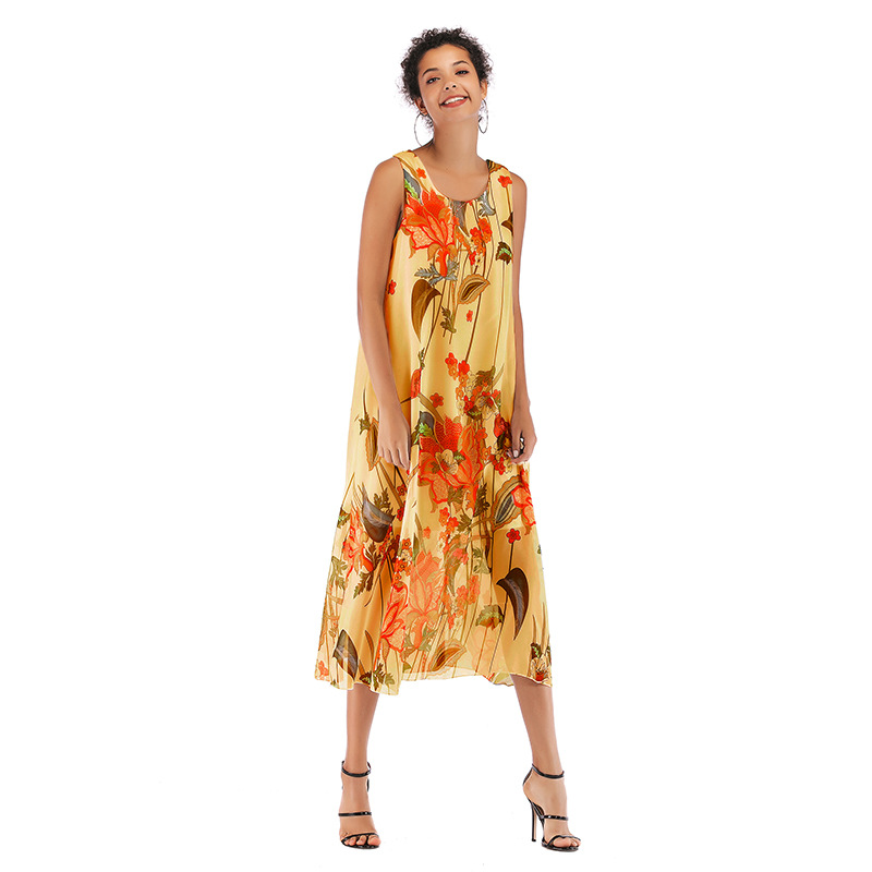 Womens Beach Dress Sleeveless Round Neck Floral Print Flowy Chiffon Summer Casual Wear Wholesale Available
