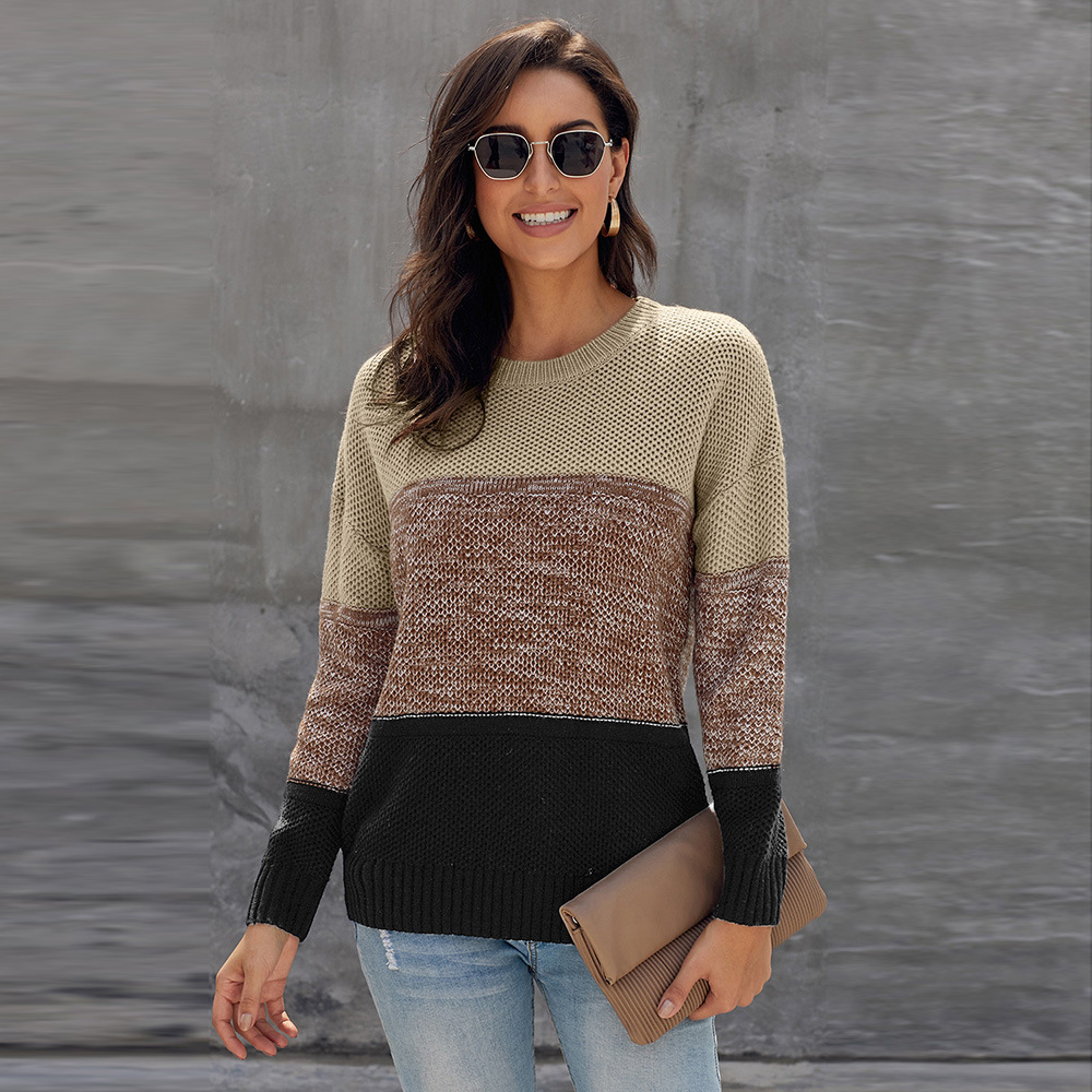 Womens Color Block Sweater Loose Fit Round Neck Long Sleeve Knitted Autumn Winter Fashion Wholesale Available