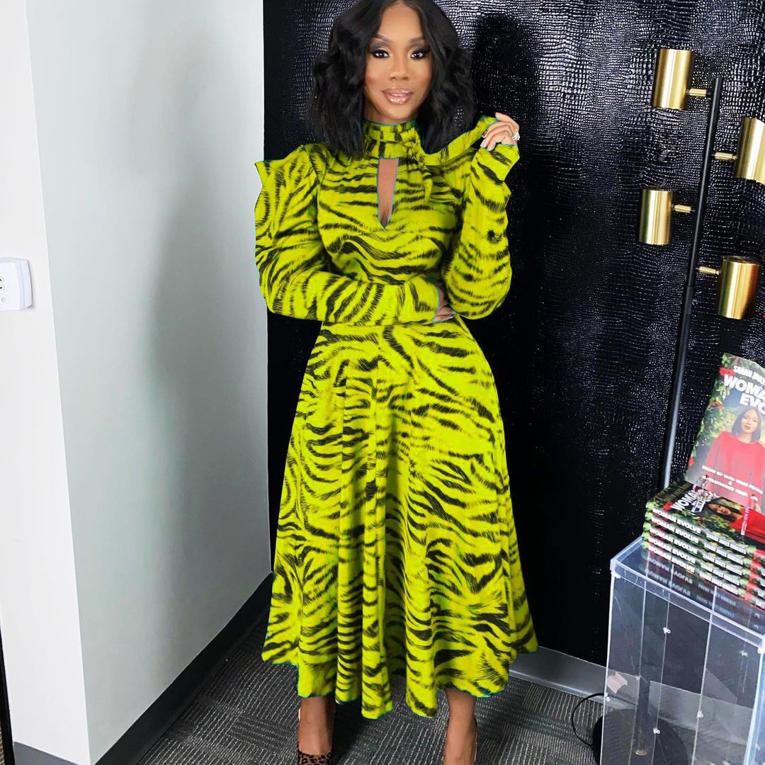 D3065M Women's Autumn Winter Elegant Commuter Long Sleeve High Waist Flared Printed Dress