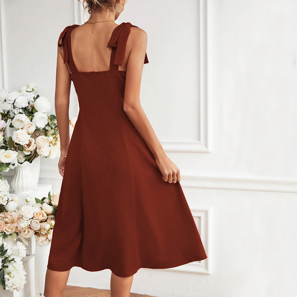 European and American Market, Women's Mid Length Dress — Fashionable Design, Pleated Front, Waist Defining, Side Slit — Casual