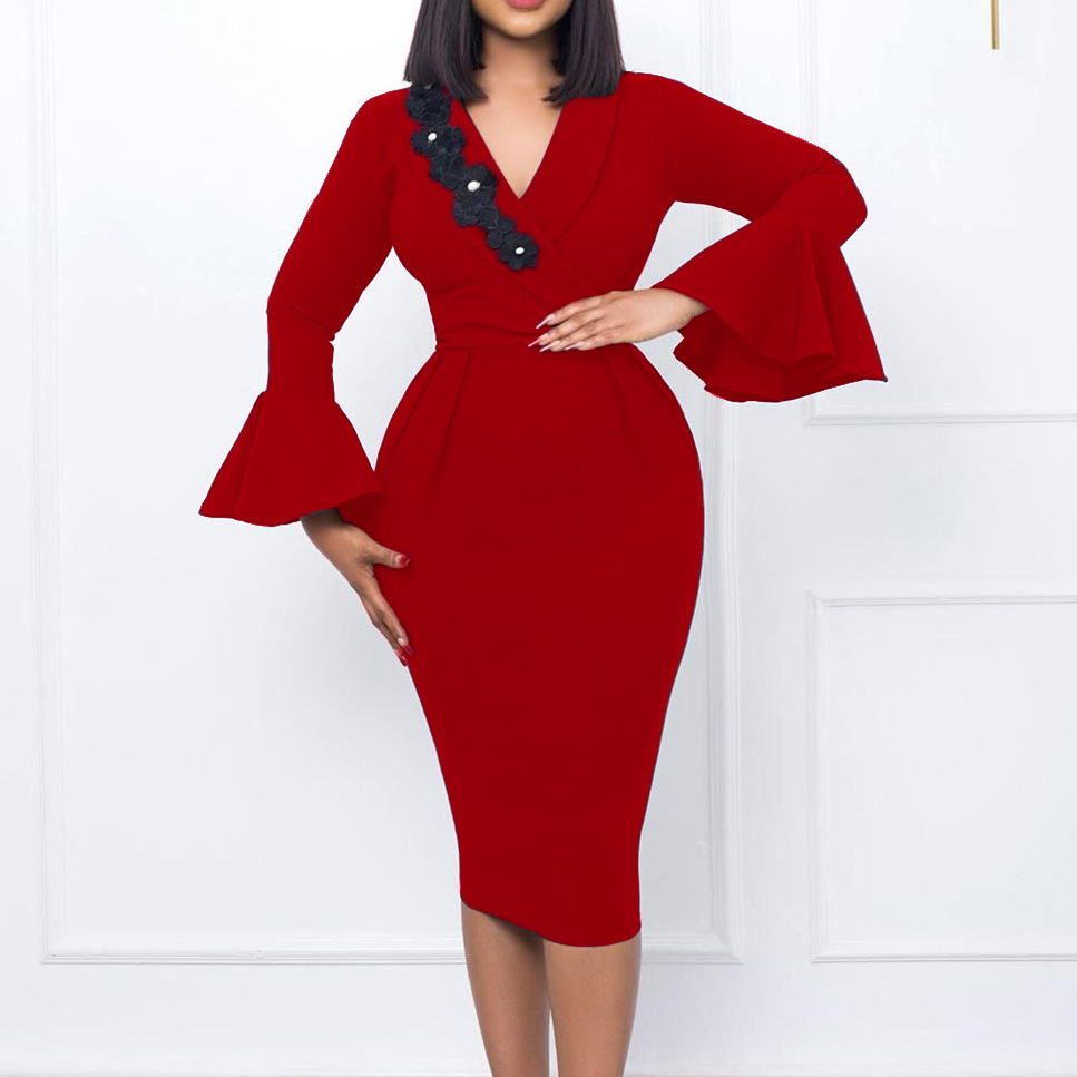 Women's Fashion Dress — Elegant V Neck, Flared Sleeves, Bodycon Fit, Split Design — Autumn Winter Style — Wholesale Supply