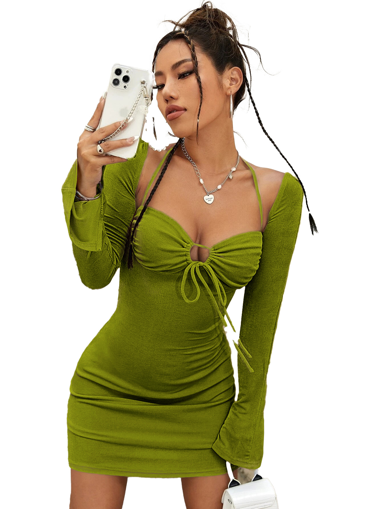 Hollow Out Tie up Split Back Long Sleeve Bodycon Dress